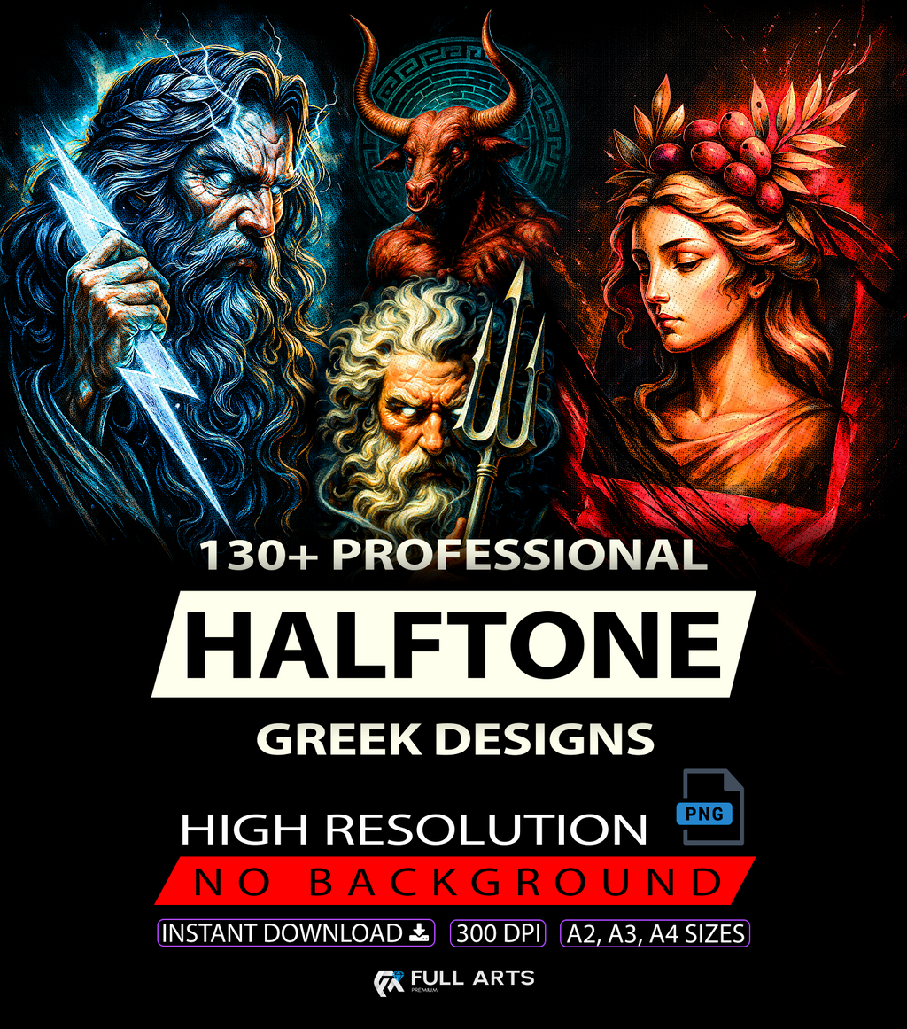 Pack 130+ Designs Mitologia Grega em Halftone