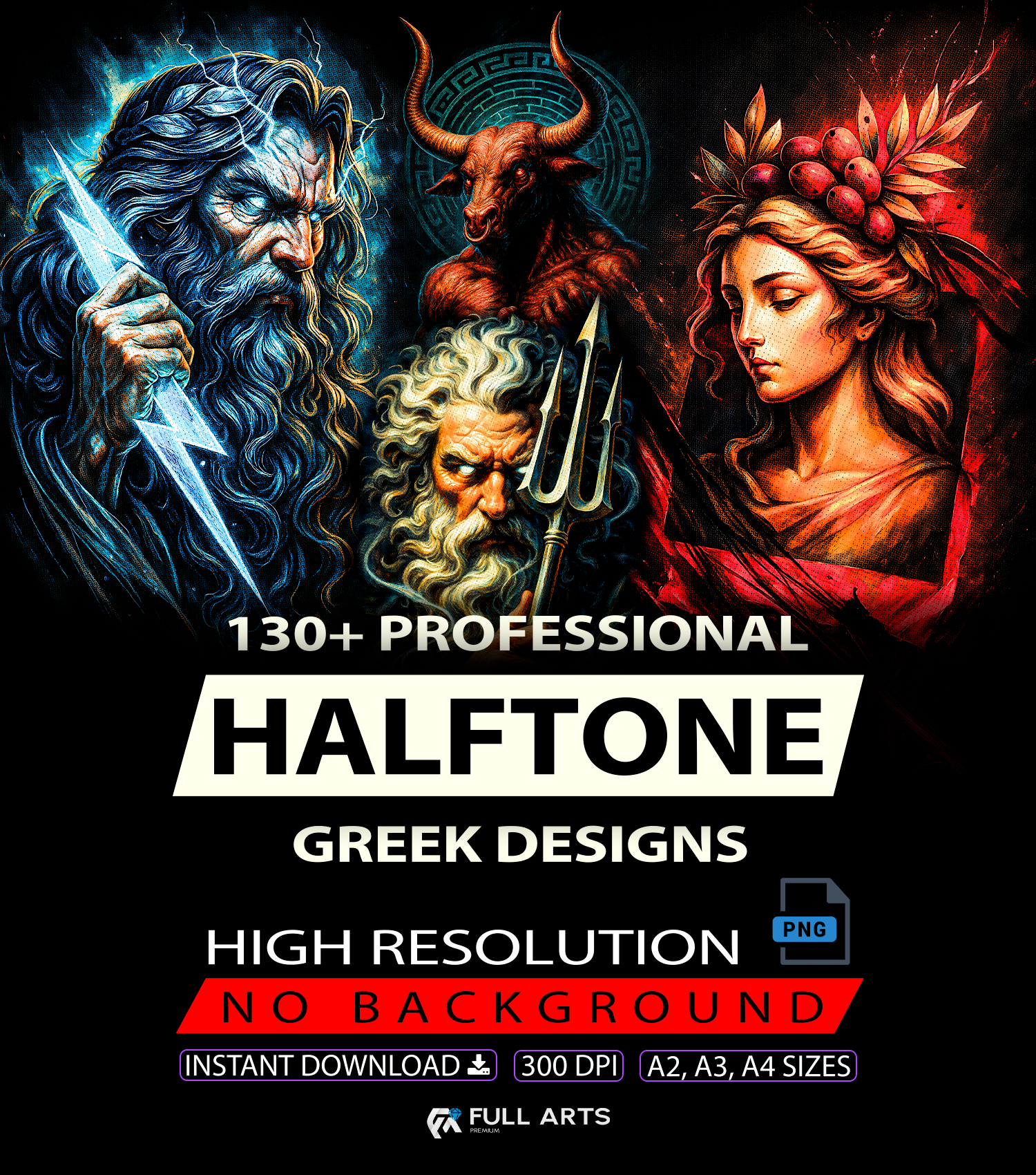 Pack 130+ Designs Mitologia Grega em Halftone