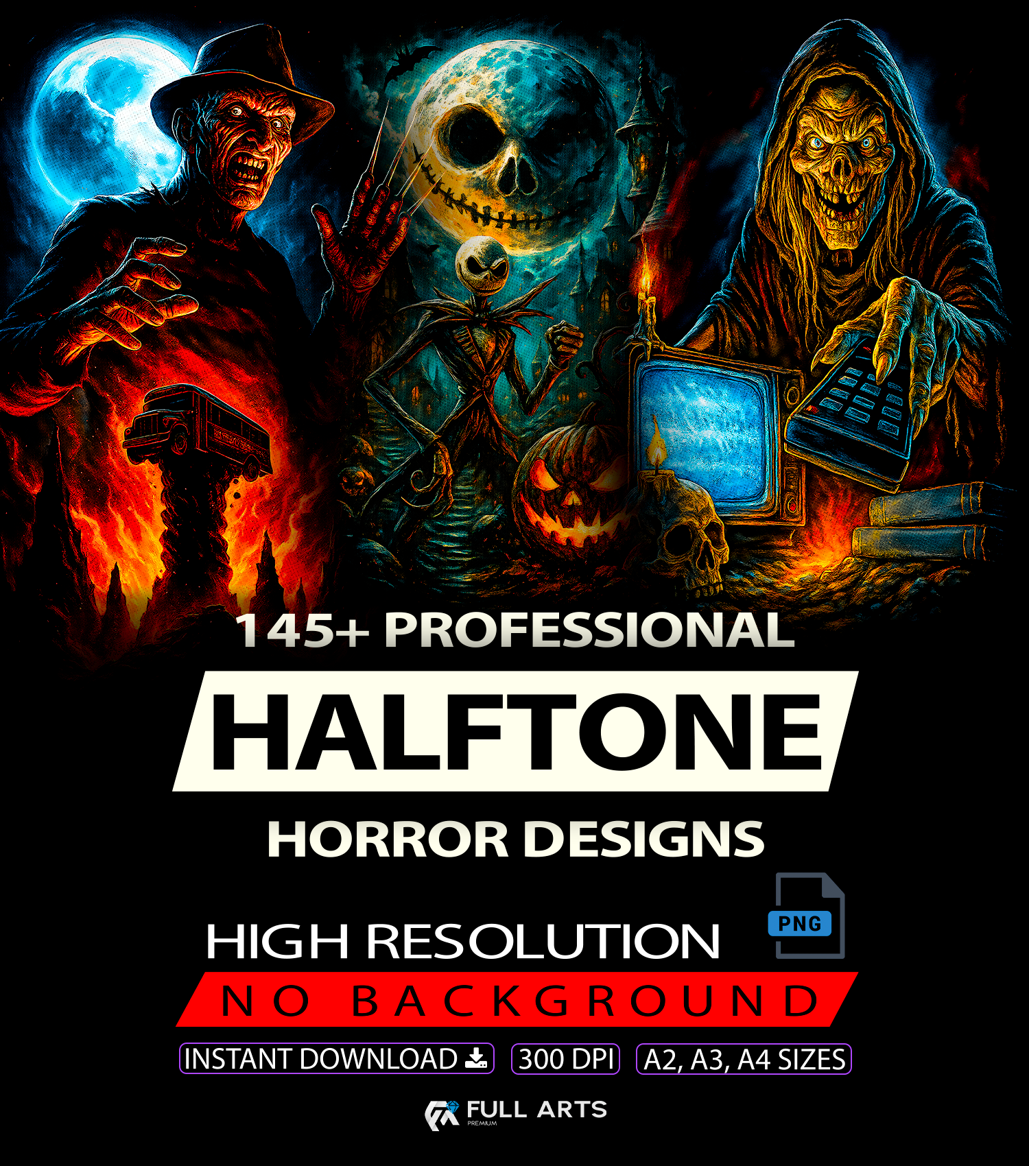Pacote com mais de 145 designs de horror em meio-tom